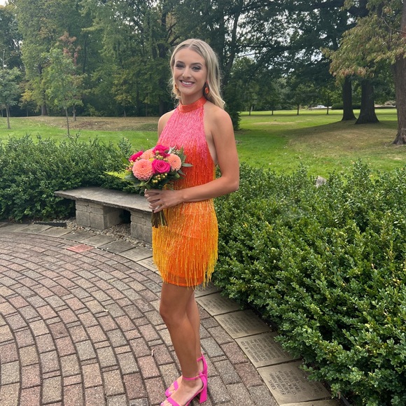 open lace back dress Cute Bodycon V Neck Orange Sequins Short Homecoming Dresses AB092102 –  Anniebride main image 0